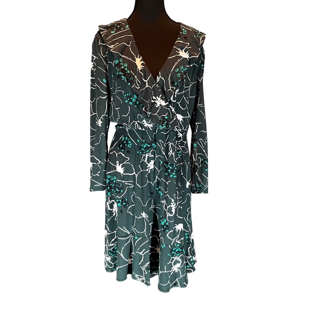 Cabi Green Floral Ruffle V-Neck Long Sleeve Wrap Dress Size M Whimsical Feminine - Picture 1 of 8